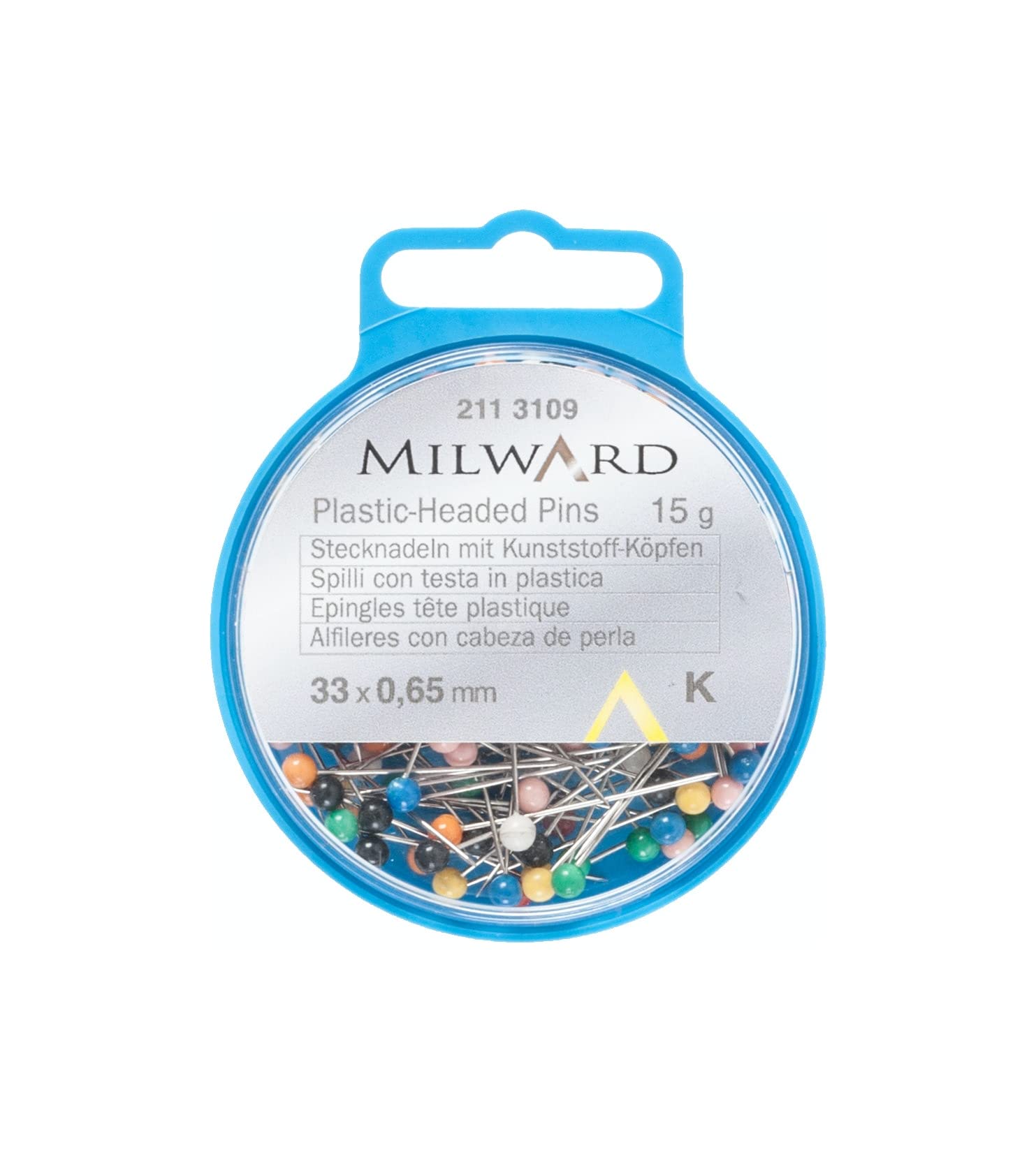 MILWARD Straight Sewing Pins, Plastic Headed, Silver/Assorted, 33mm, 15g