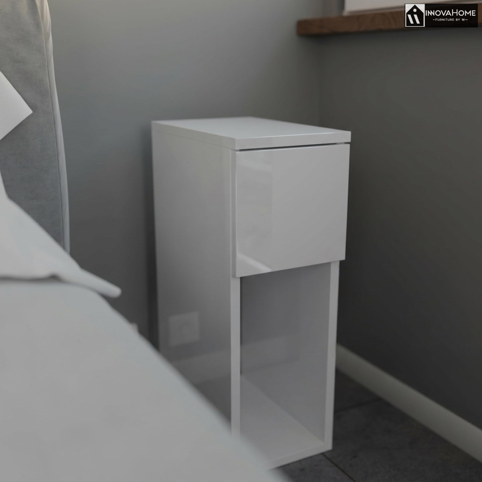 INNOVAHOME Nachttisch Schmal, Weiß Hochglanz, 20cm | Platzsparend, Tiefe 25cm Schublade, Beistelltisch für kleine Räume, Made in EU