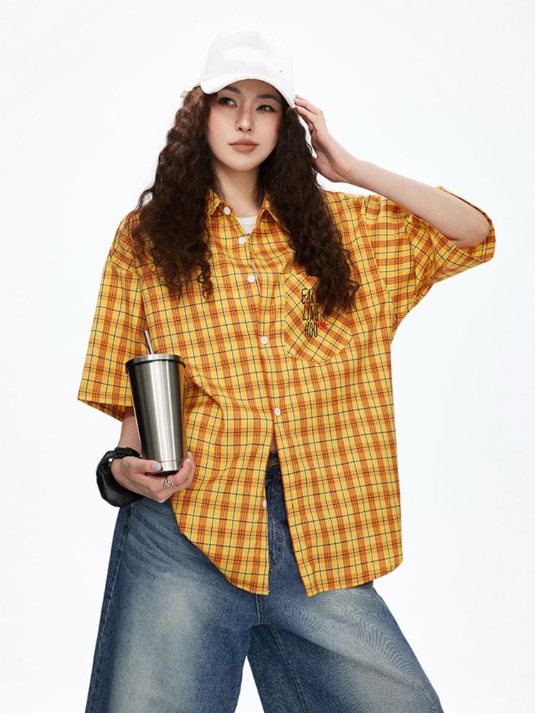 Chemise Femme à Carreaux Jaune à Manches Courtes Brodée Lettres