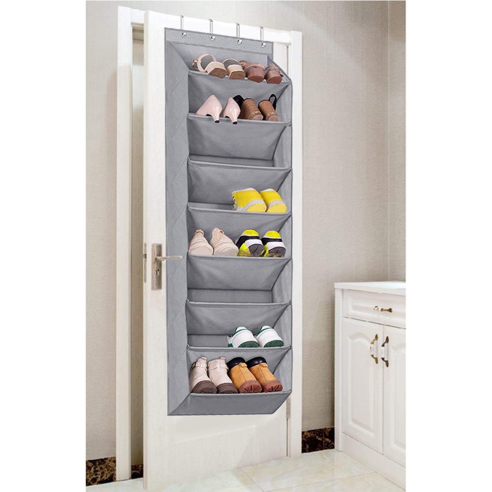 Hängendes Schuhregal, Kleiderbügel, Schuhhalter für schmale Türen, Tiefe Taschen, Tür-Schuhregal für Zimmer Closet Pantry, Hellgrau 8 Schichten