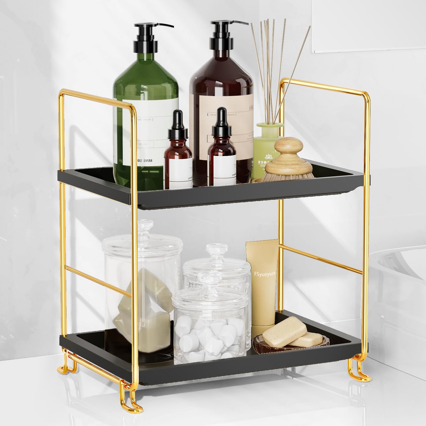FSyueyun 2-Tier Bathroom Counter Organizer, Tool-Free Installation Vanity Makeup Tray Skincare Shelf Perfume Stand for Dresser Bathroom Organizers and Storage Countertop (Gold & Black) — image 1