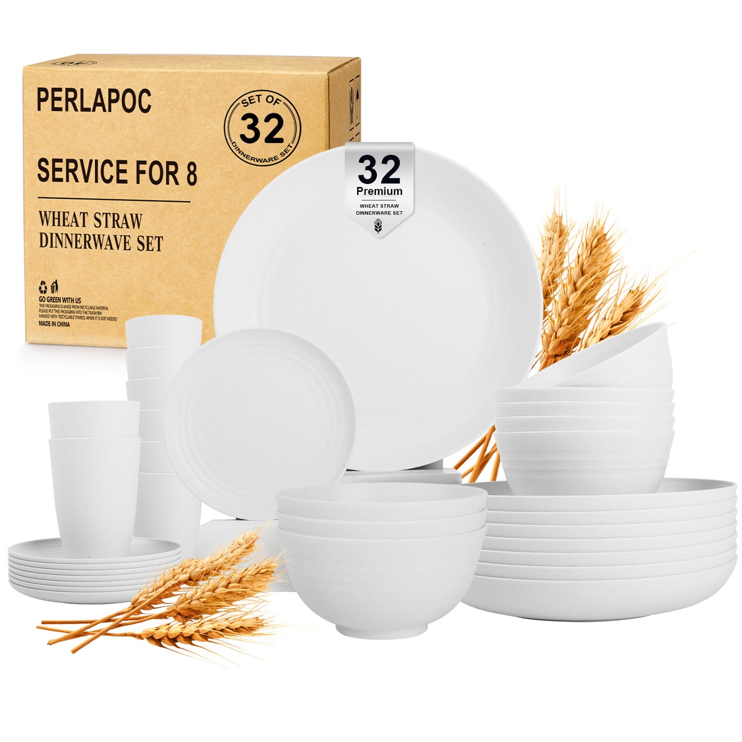 Wheat Straw Dinnerware Sets Service for 8, 32 Piece Plates and Bowls Sets, Microwave &amp; Dishwasher Safe Dishes, Perfect for Kitchen Camping Picnic RV Dorm - White