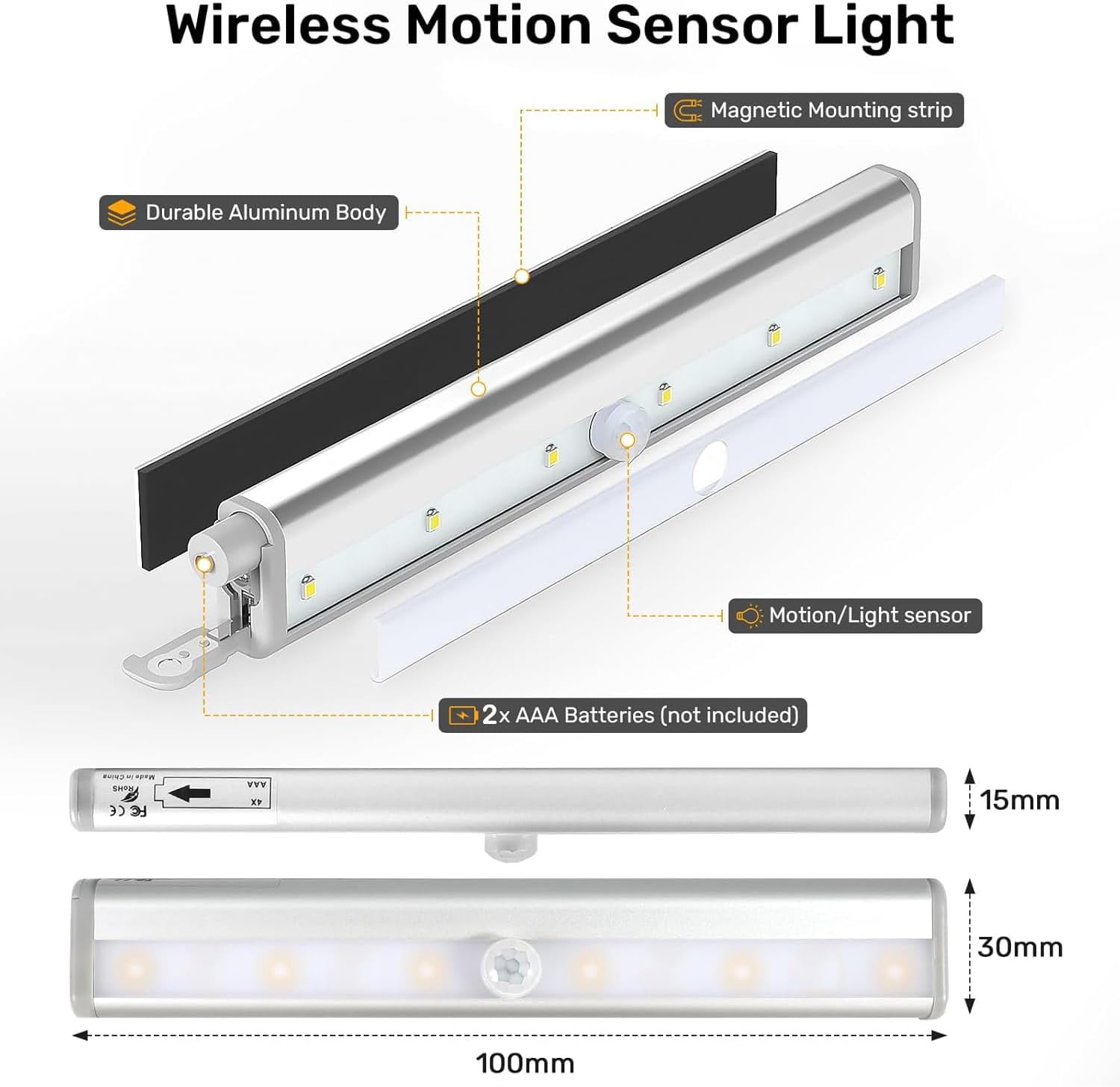 LED Motion Sensor Night Light - 6LED Battery Operated Wireless Stick On Lights, Motion Activated Nightlight Bar for Home RV Bedroom Living Room Kitchen Bathroom, Stairway Hallway Corridor, Warm White