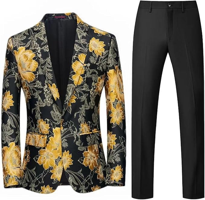 Mens Two Piece Luxury Printed Dress Suit 1 Button Floral Dinner Tuxedo Jacket & Pants Notched Lapel Sport Coats