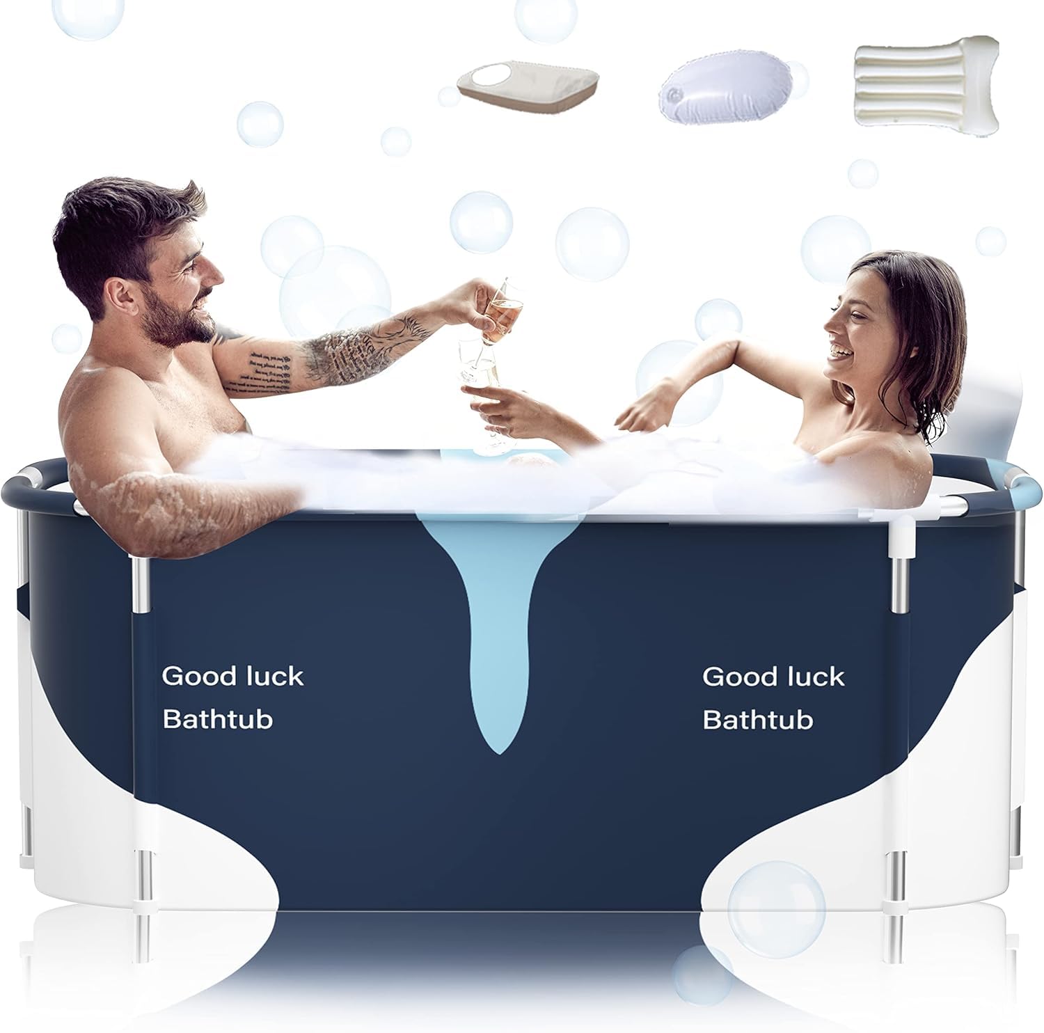 Baignoire pliable portable extra large de 140 cm avec cadre en métal pour adulte, baignoire SPA familiale avec couvercle pour petite salle de bain (Style de lait LK1)