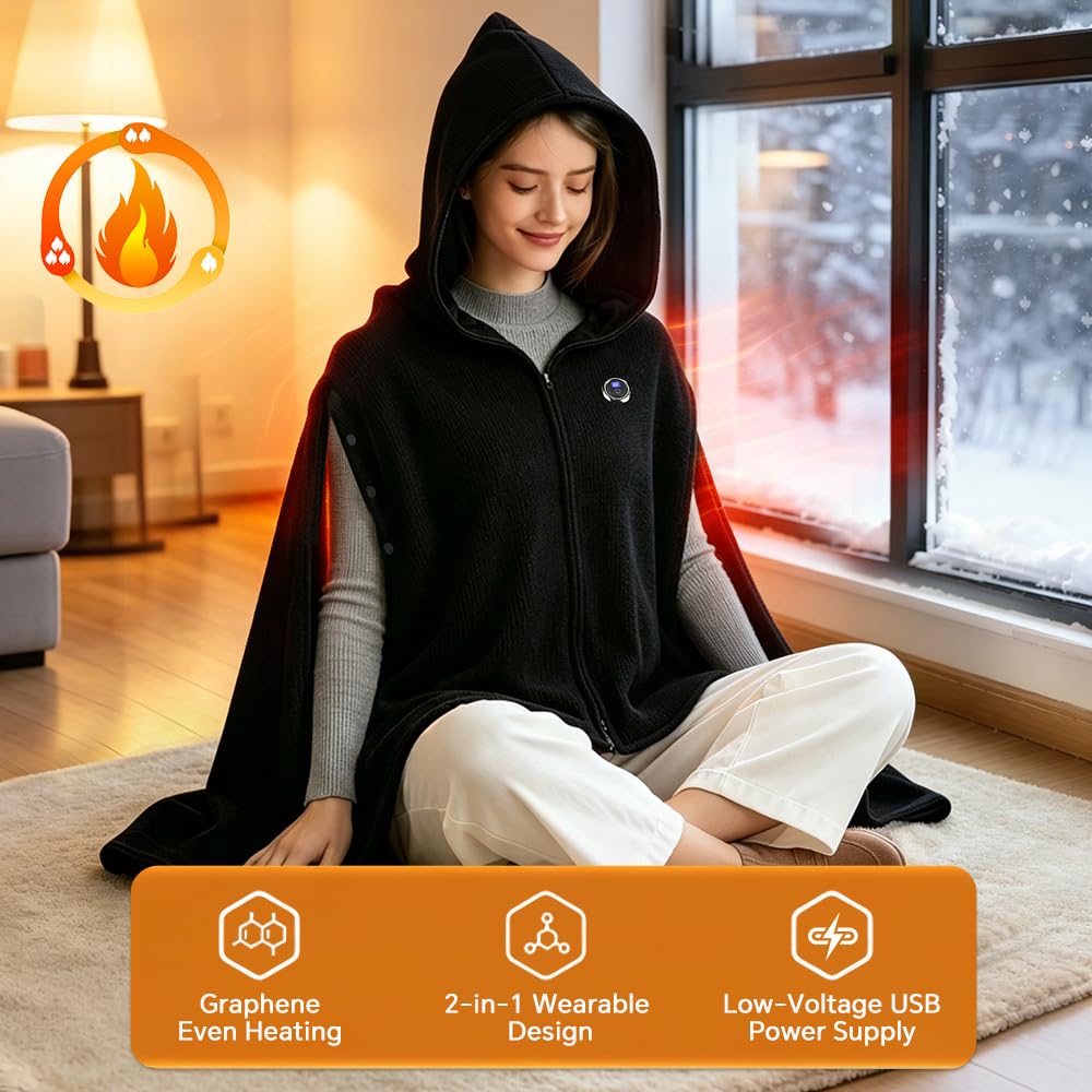 SkyFace Coperta Indossabile Termica Elettrica, scialle riscaldata USB | 3 Livelli di Temperatura Coperta Riscaldabile Indossabile Poncho Mantella con Chiusura a Bottone per Casa Ufficio