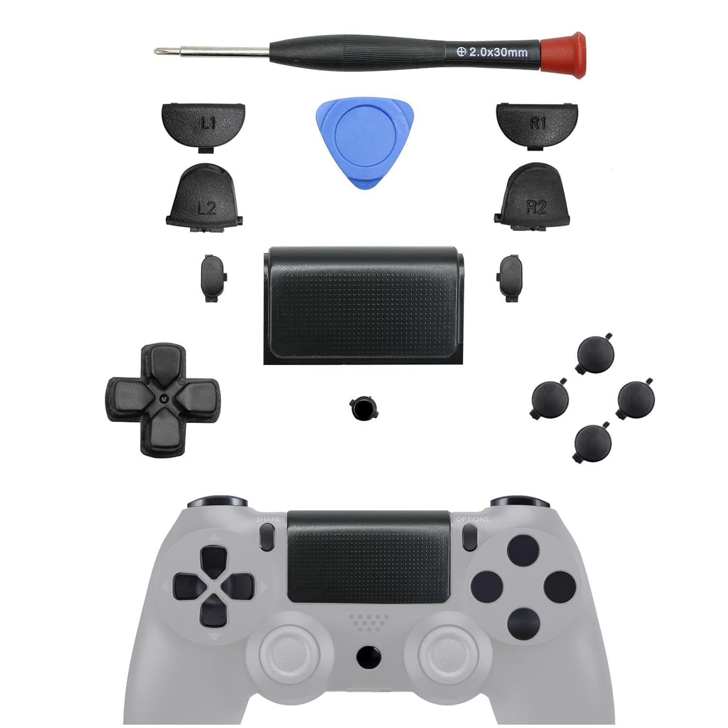 MMOBIEL Full Button Replacement Kit Compatible with Playstation 4 PS4, PS4 Slim, PS4 Pro Dualshock 4 Controller Incl. Screwdriver and Opening Plectrum Matte Black