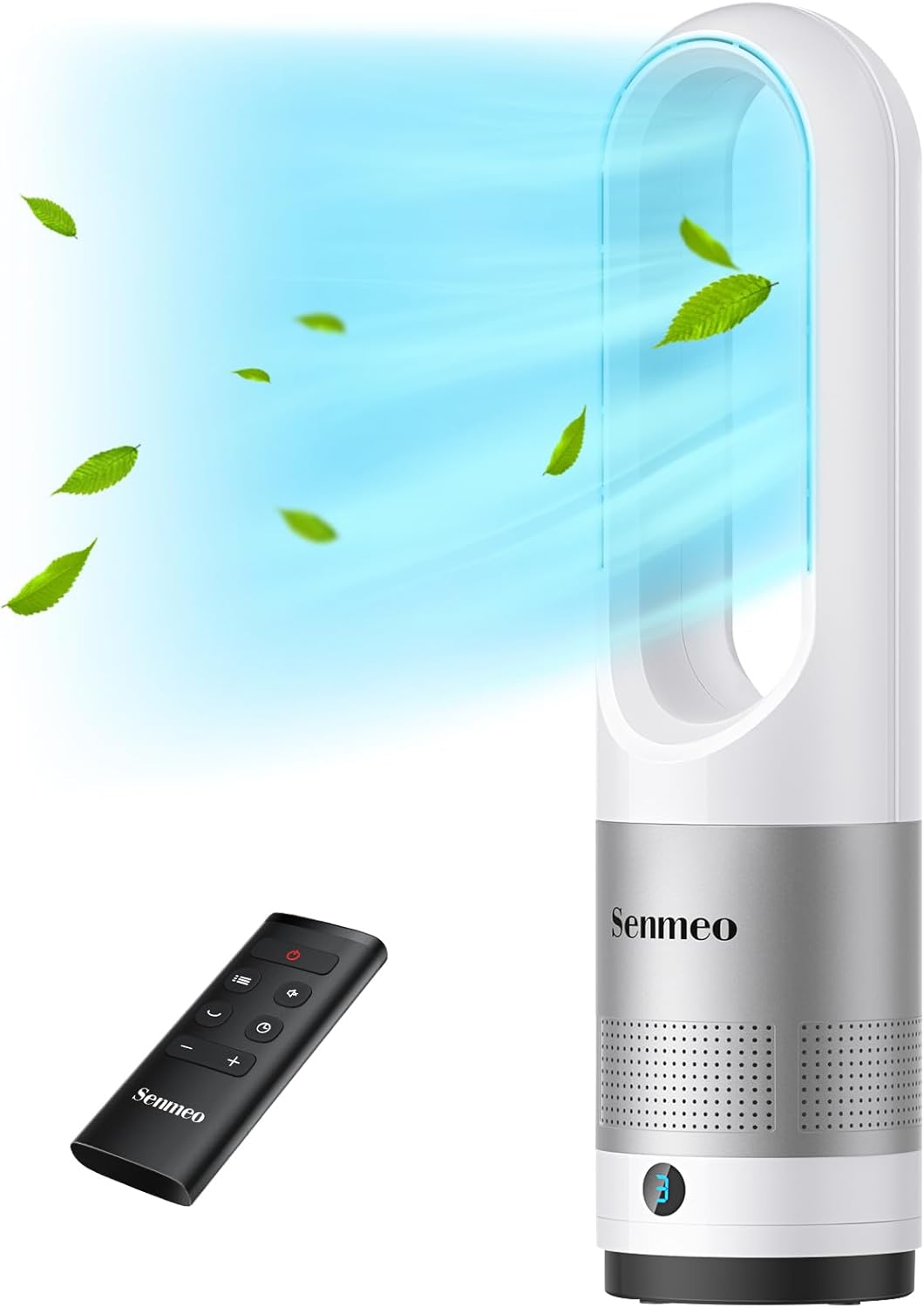 Bladeless Fan for Bedroom, 22" Tower Fan with Remote, 8 Speeds, 9 Hour Timer, 90° Oscillating, LED Display with Auto Off, Easy to Clean, Bladeless Desk Fan for Bedroom, Kitchen, Office White + Silver Small