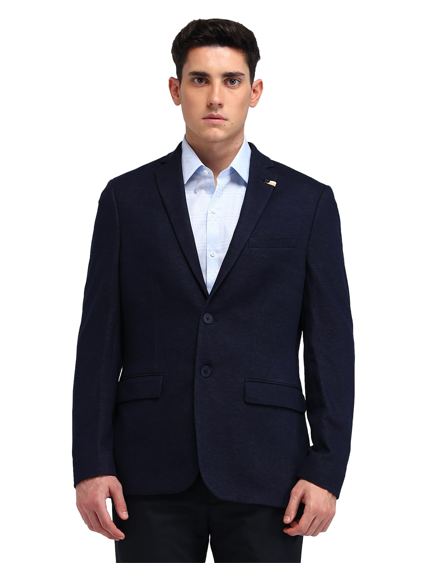 Mens Blue Self-Design Notch Collar Long Sleeve Formal Polyester Slim Fit Blazer