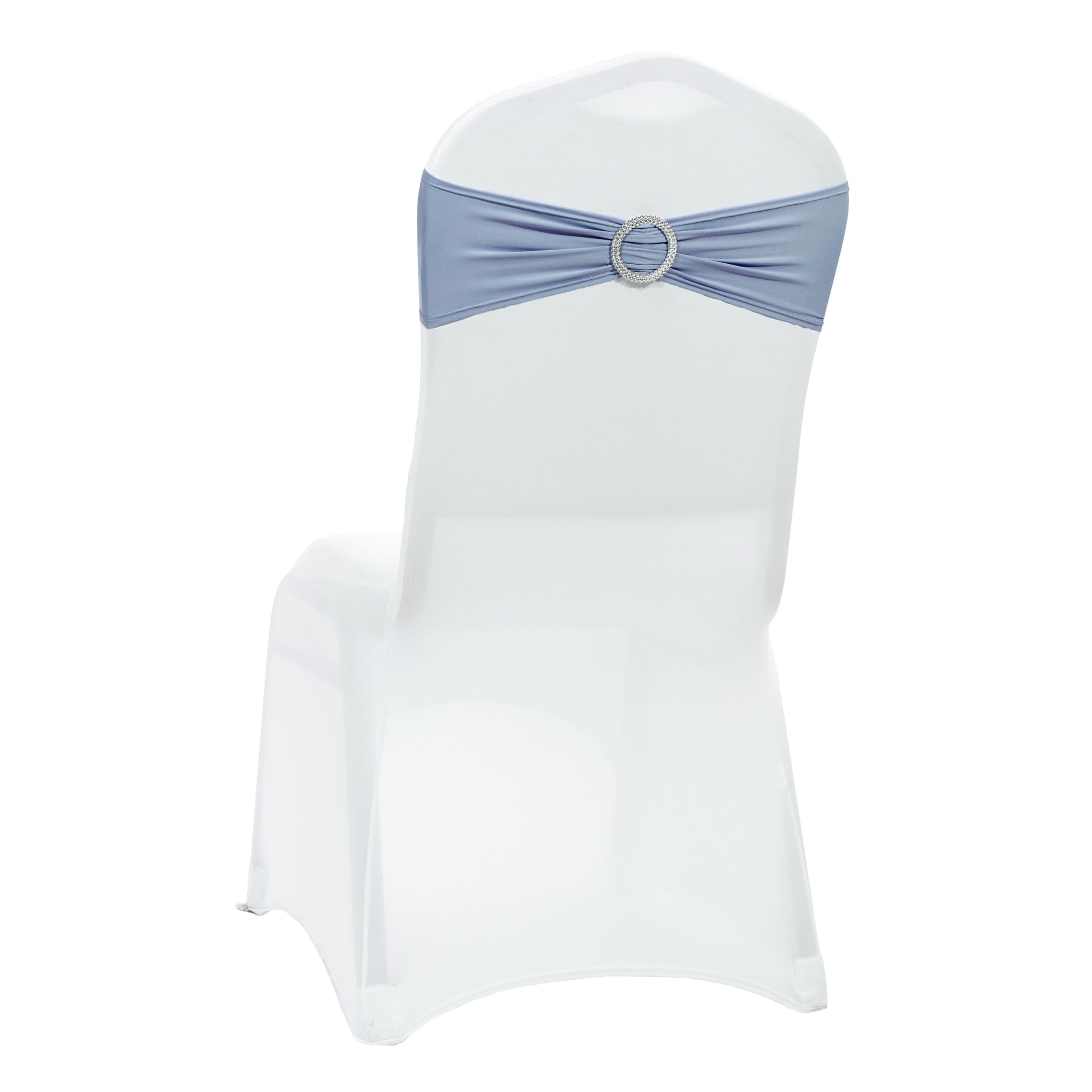 VDS - Dusty Blue | Spandex Chair Sashes Bows | 300 PCS | Stretch Elastic Banquet Universal Folding Chair Band Tie with Silver Buckle Slider for Wedding Party Conference Celebration Event Decoration