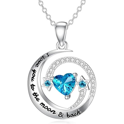 Moon and Star Birthstone Necklace for Women,925 Sterling Silver Celestial I Love Yo...
