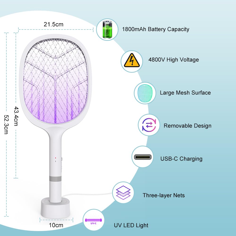 DANGZW Raquette Moustique Electrique, 4800V Raquette Electrique Insectes 2en1 avec Base de Charge USB, Batterie Rechargeable 1800mAh & LED UV, Raquette Anti Moustique Electrique pour Chambre, Camping