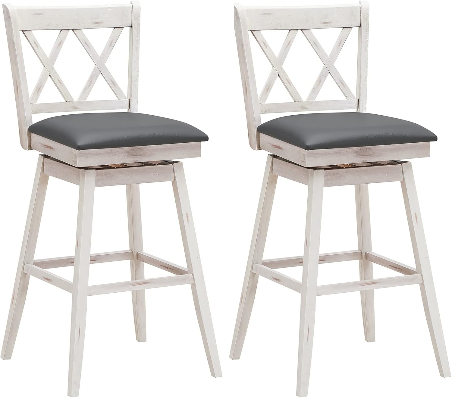 Two assembled COSTWAY bar stools in antique white and grey.