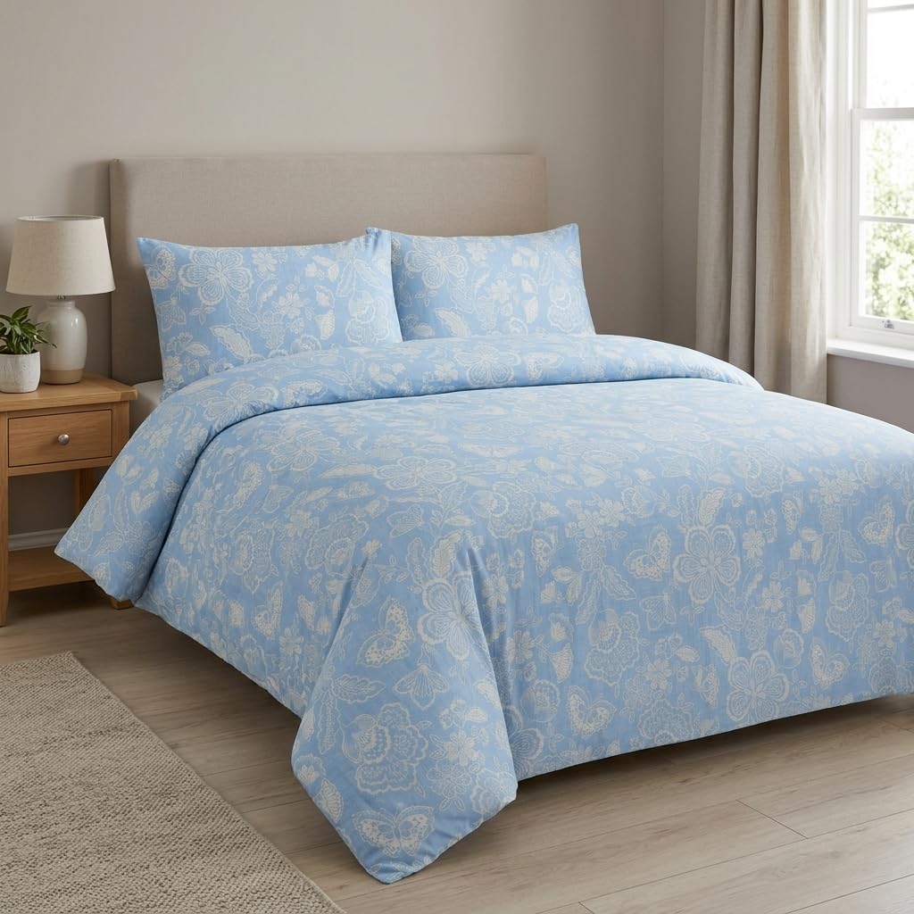 M&J Home Blue Butterfly Floral Single Duvet Cover Set with 1 Pillowcase, 2 Piece Bedding Set, Polycotton 132 Thread Count, OEKO-TEX Certified, Easy Care
