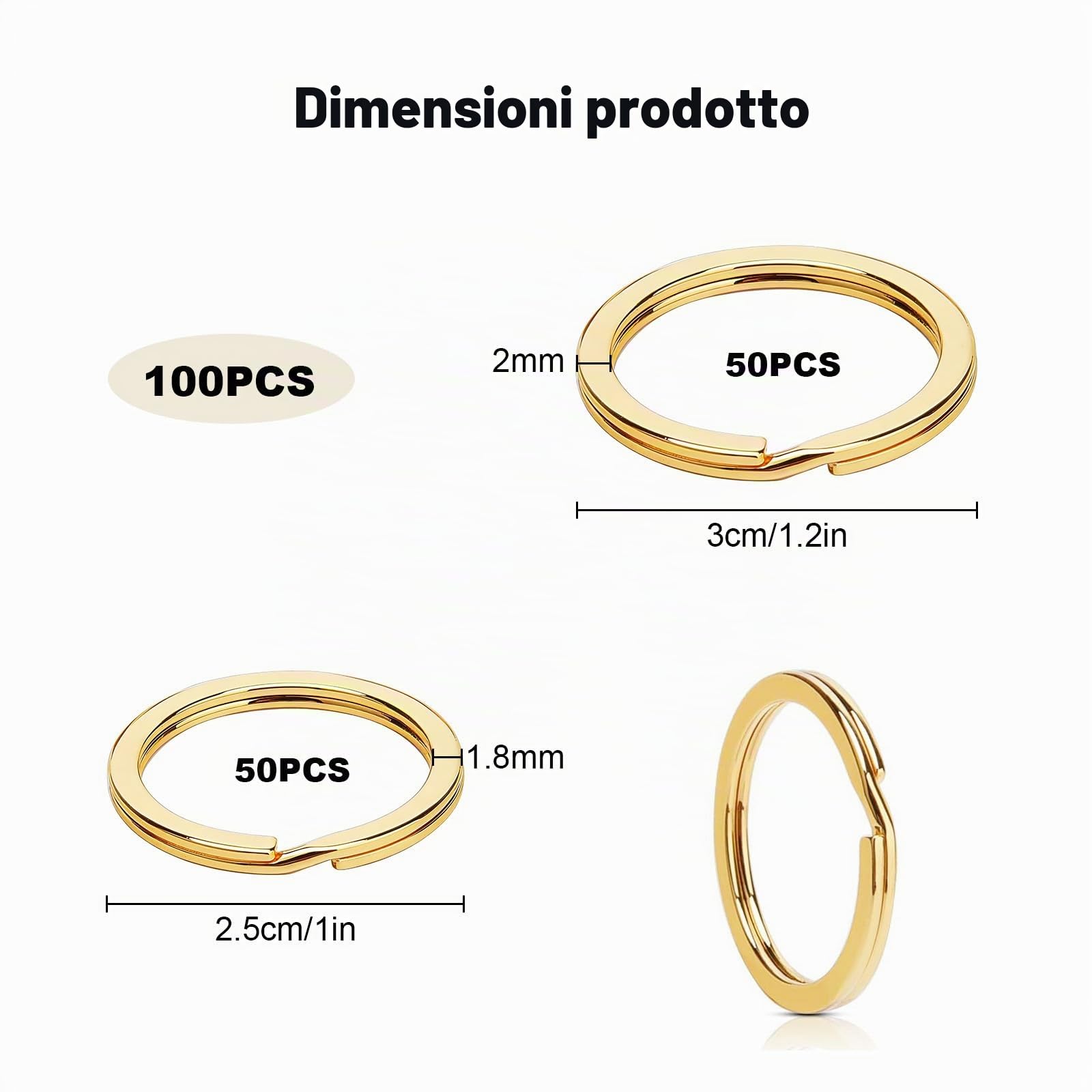 100 pezzi di anello portachiavi in oro, 25 cm 30 cm, anelli portachiavi rotondi e piatti in oro per casa, auto, ufficio, fissaggio per gioielli, artigianato e fai da te