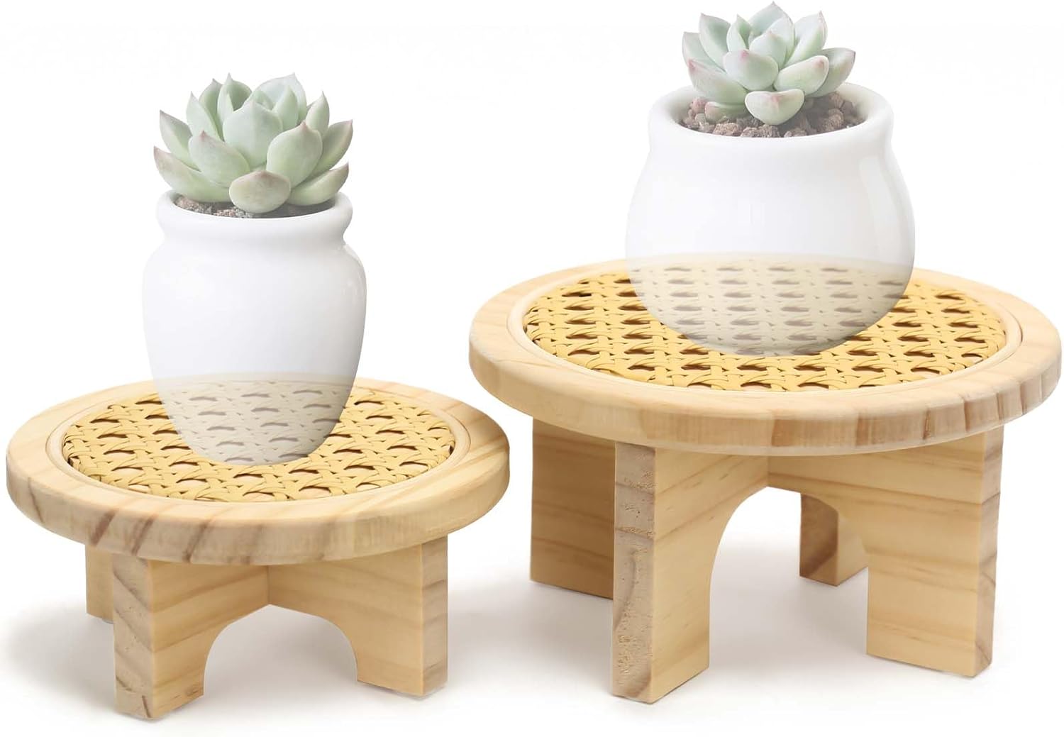 Small Plant Stand Set - 5" & 6" Display Shelf with Rattan Decor, Rustic Wooden Riser for Indoor Plants, Home Office Desk, Window Sill Decor
