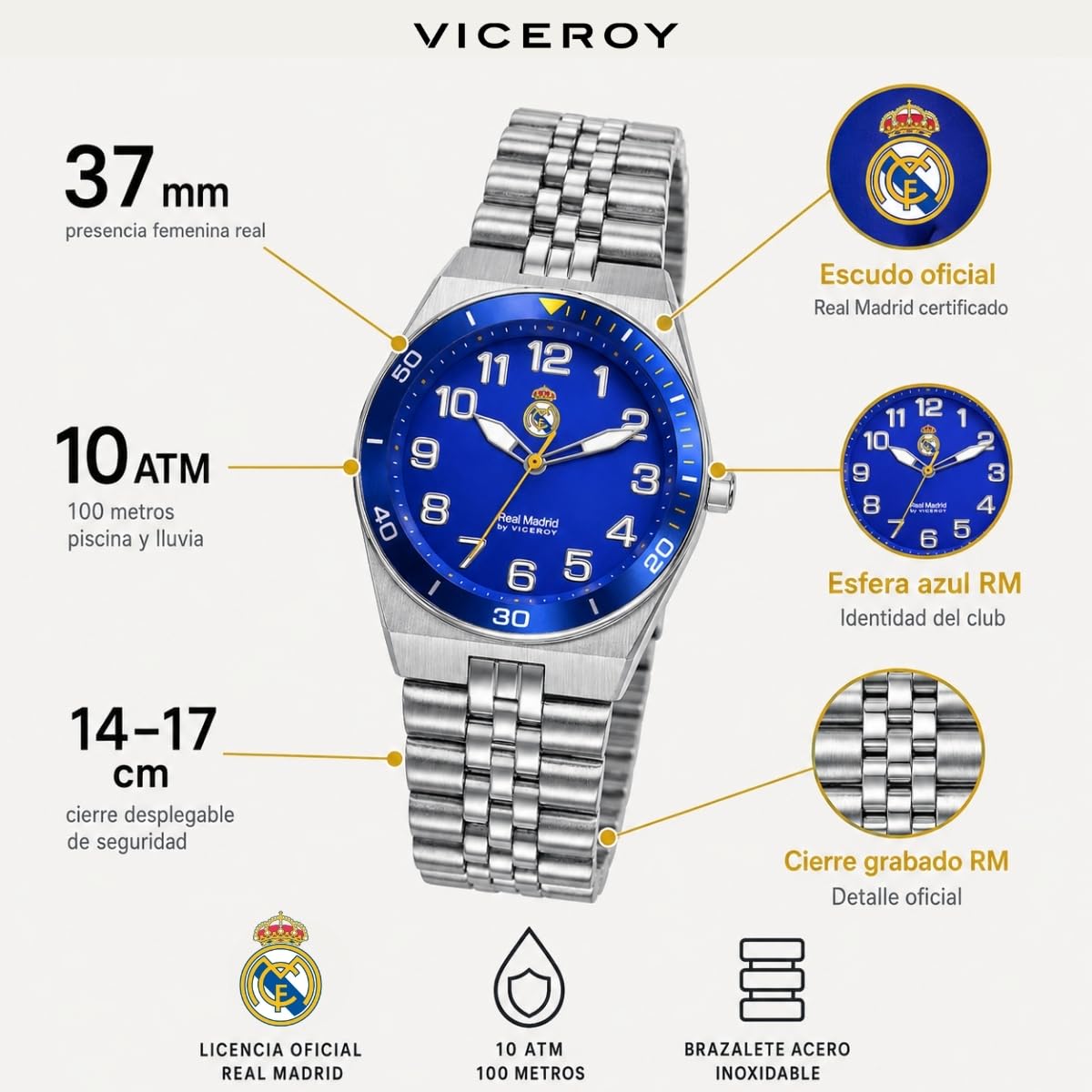 Viceroy Reloj Oficial Real Madrid para Mujer - Licencia Oficial - 37 mm - Esfera Azul - Resistente al Agua 10 ATM - Talla Cadete - Movimiento de Cuarzo – 41154-35