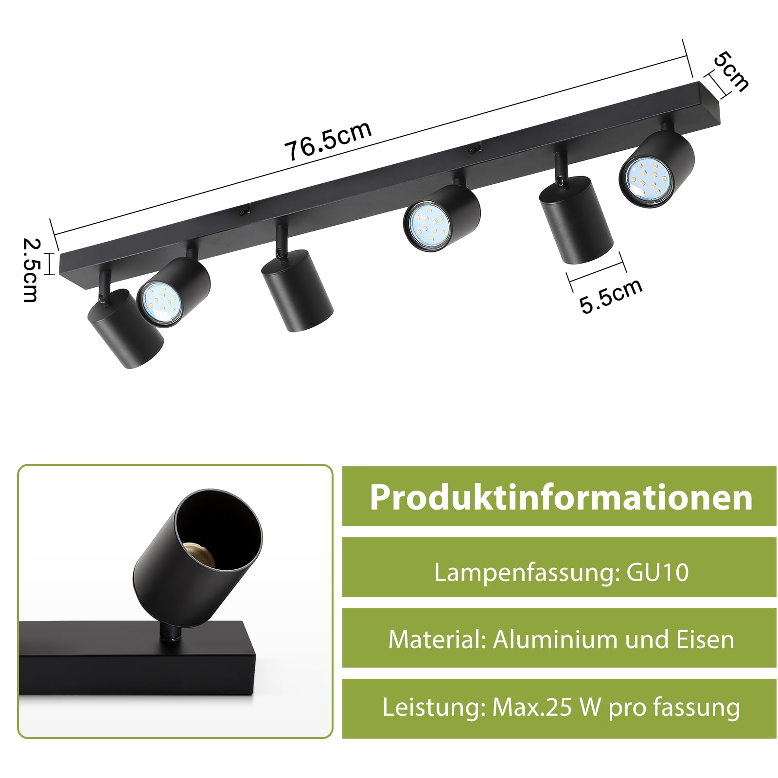 Plafonnier LED Spot de Plafond Noir GU10 6 Ampoules Orientable 330° Moderne Industriel