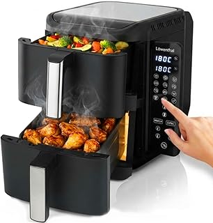 Löwenthal Dual Airfryer XL 11L | Friteuse sans Huile à Air Chaud 2 Compartiments 5.5L + 5.5L | 2800W | 60–200°C | Écran Tactile Digital | 12 Programmes | 44.5×27.9x35.2 cm | Noir