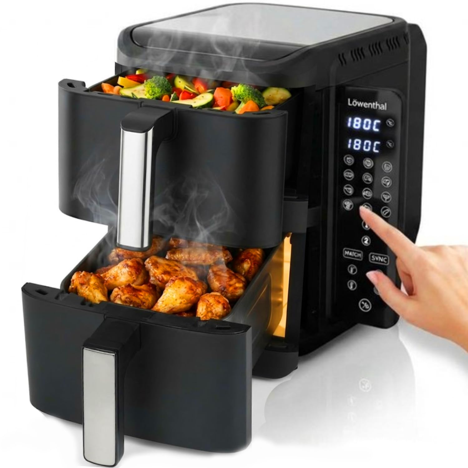 Löwenthal Double Airfryer XL 11 l frytkownica na gorące powietrze z 2 koszami (5,5 l + 5,5 l), 2800 W, Sync Finish & Match Cook, 12 programów, cyfrowy ekran dotykowy, 60-200°C, 44,5 x 27,9 x 35,2 cm