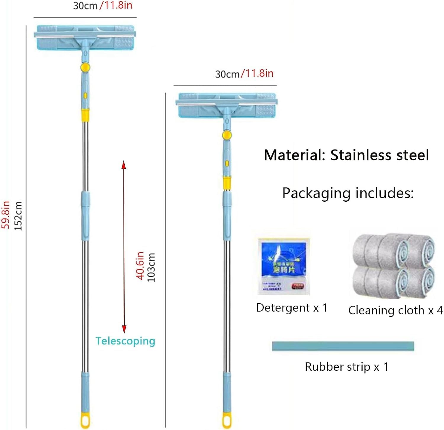 REMYS Multi-Use Car Windshield Washing for Second-Floor and Outside Windows, Home Window Cleaning Pole, Stainless Steel Telescoping Window Squeegee Cleaner Tool with Rubber Blade
