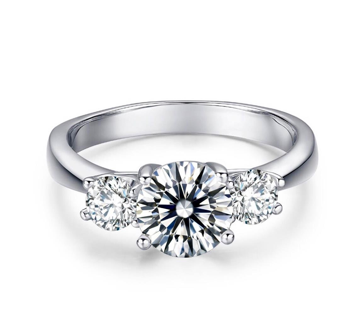 Diamonbella10 Hearts 10 Arrows 2 Carat 3 Stones Round Cut Simulated Diamond Ring Solid 925 Silver Platinum Plated