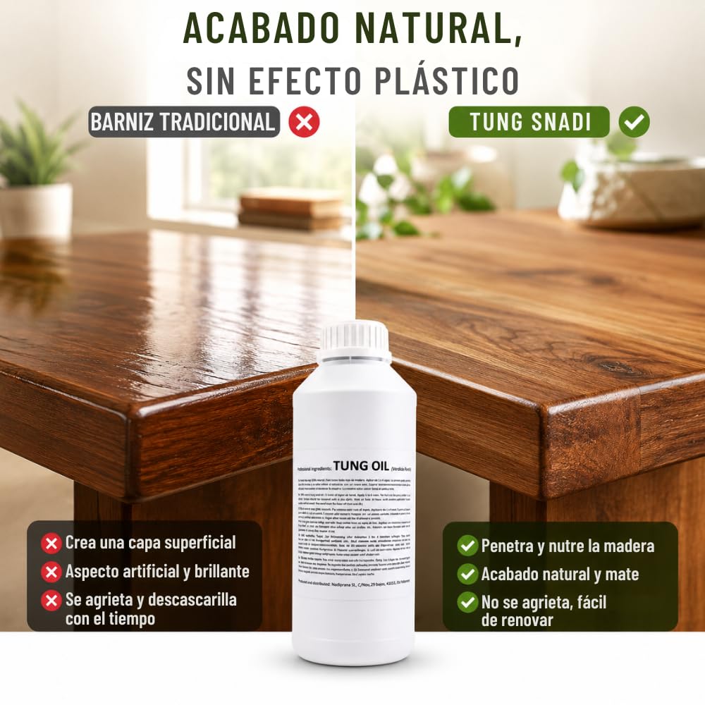 1 l. aceite de tung 100% Puro | Cuidado natural de la madera de interiores y exteriores | No altera el color dejando una capa impermeable muy resistente. - Snadi