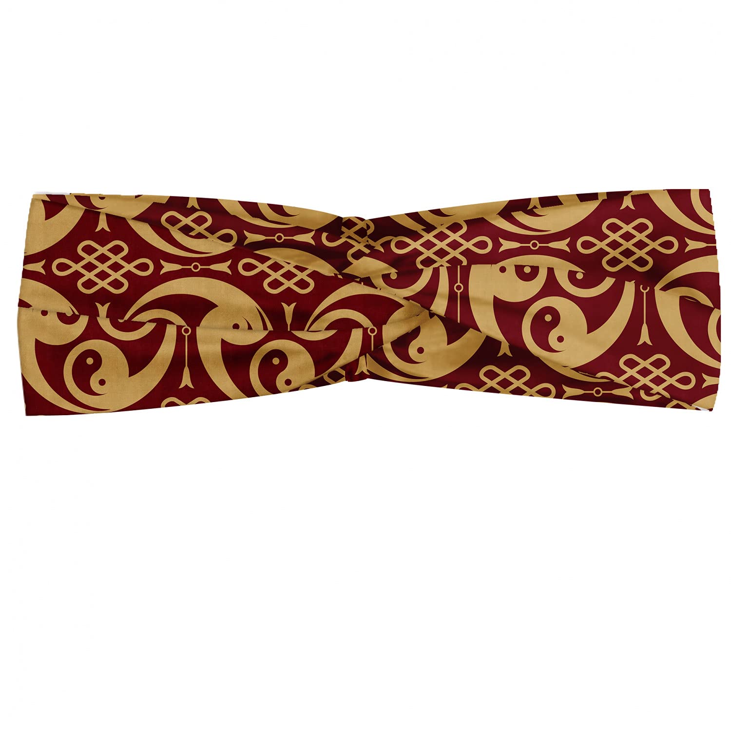 Ambesonne Yin Yang Headband Set of 2, Oriental in Triple Circular Form with Everlasting Knot, Knotted Elastic Hair Band Accessory for Women Everyday Use, XS-S, Sand Brown and Ruby