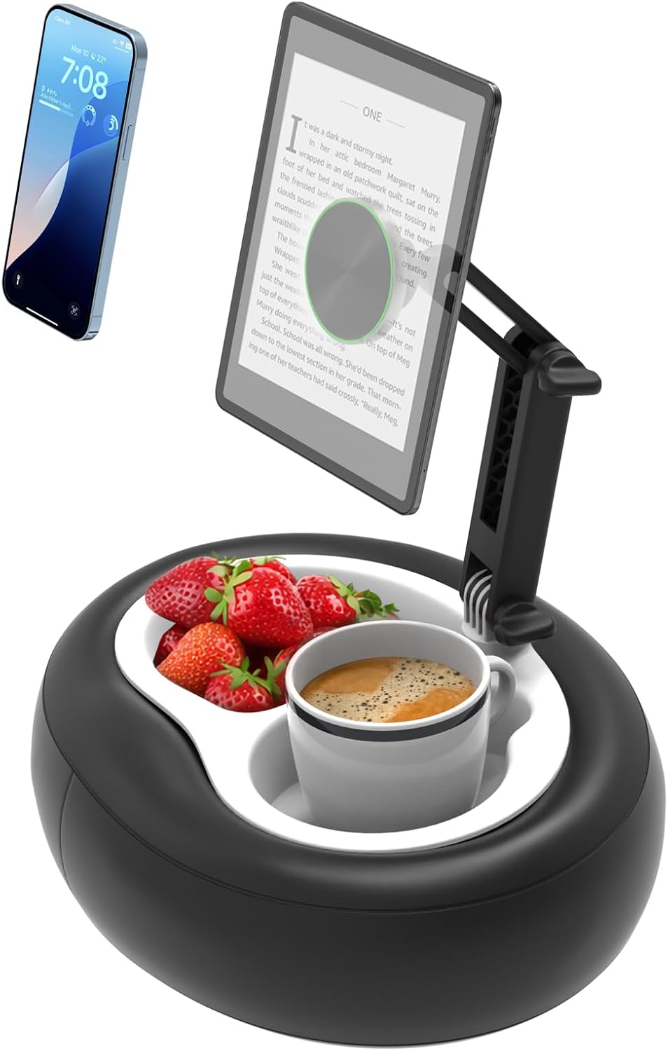 Magnetic Cell Phone Leather Pillow Stand, 【Stain-Resistant】 Kindle Pillow Holder with 2 Snack Bowl, Adjustable Smartphone Holder for Lap/Bed/Sofa, Fit 4-7" iPhone, Kindle, E-Reader, iPad mini
