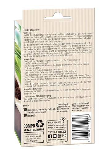 COMPO Bio Blausticker, Leimfalle schützt Zierpflanzen & Verzehrkulturen wie Tomaten, hilft bei Thripsen, dekorativ im Topf, 10 STK.
