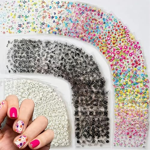 VVQWCY 90 hojas de pegatinas de uñas, pegatinas 3D para uñas, autoadhesivas, flores con patrón de corazón, pegatinas para uñas, color negro, blanco, multicolor