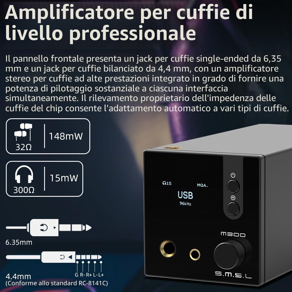 SMSL M300SE (aggiornato) Due Chip CS43131 MQA audio Decoder Amplificatore Per Cuffie,XMOS Di Terza Generazione,PCM768kHz/32bit DSD256,Uscita bilanciata XLR,THD+N -117dB,con Telecomando