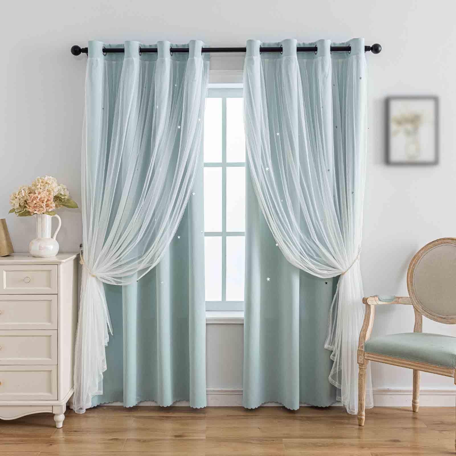 Anytime Romantic Kids Curtain,Hollow-Out Stars Window Curtain Double Layer Blackout Curtains for Girls Bedroom Kids Room 2Panel,(W52 x L84,Light Blue)
