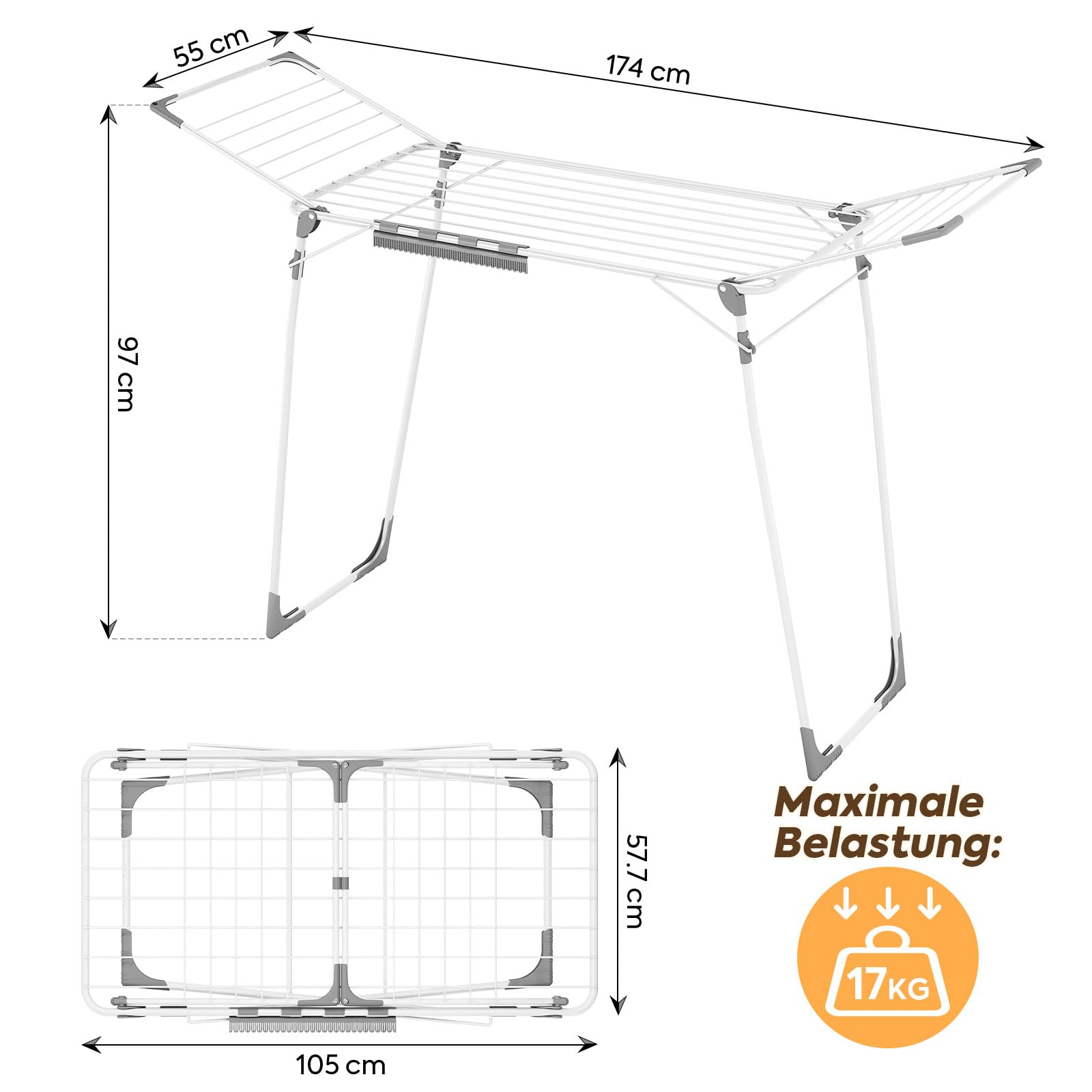 KINGBOARD Wäscheständer klappbar groß, Flügelwäscheständer ausziehbar 174x97x156 cm, Stabiler Wäschetrockner Ständer mit rutschfesten Füßen, Standtrockner faltbar für Innen und Außen, Weiß