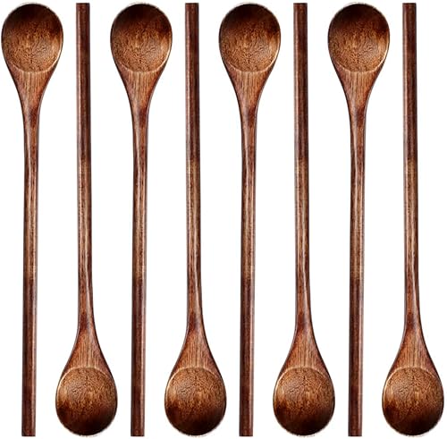 Meiyahome - Cuchara de madera larga de mango redondo de 8 pulgadas, cuchara mezcladora hecha a mano de material Nanmu, cuchara de café de 7.9 in,