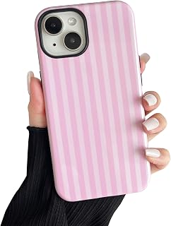 Huahuacase Cute Pink Striped iPhone 15 Case for Women - Shockproof TPU/PC Protective Cover 6.1 Inch Aesthetic Fashion