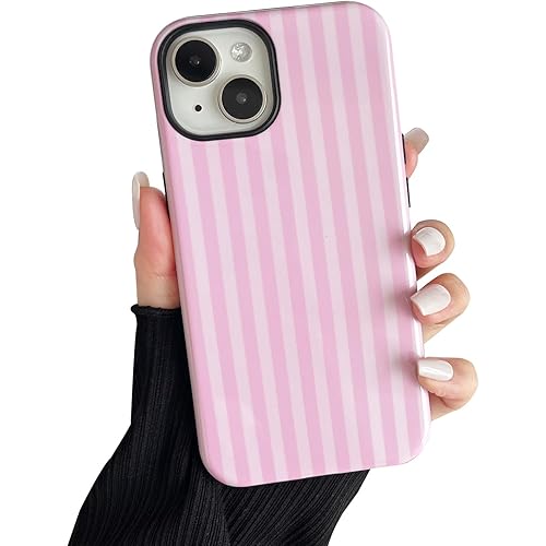 Compatible with iPhone 15 Case, Cute Fashion Aesthetic Striped Pattern Cover for Women, Shockproof Soft TPU and Hard PC Protective Phone Case for iPhone 15 6.1"- Pink