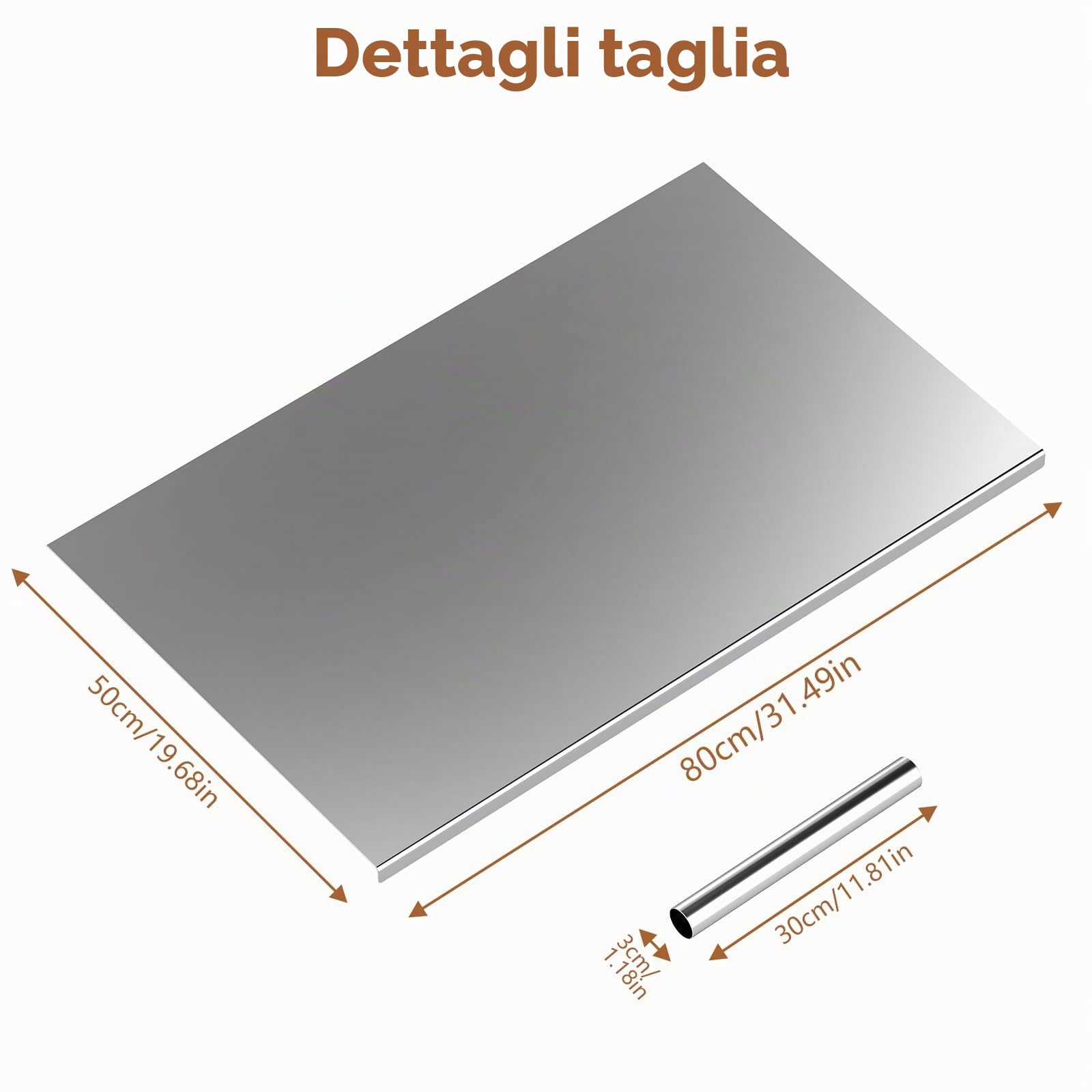 bimiti Tagliere in acciaio inox con mattarello 80 x 50 cm, tagliere antiscivolo con bordo in acciaio inox per cucina, bar, ristorante