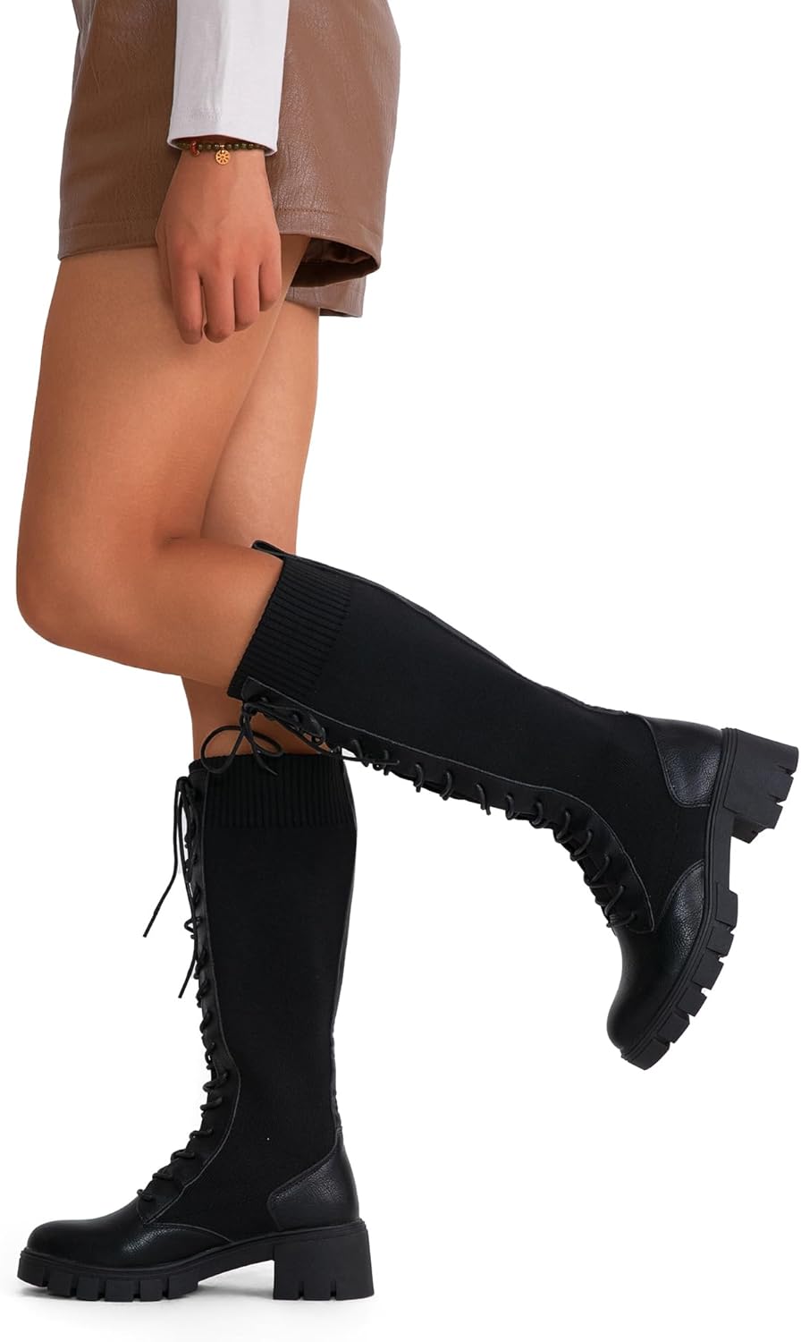 Jeossy Women's Knee High Combat 9603 Boots, Tall Platform Chunky Heel Boots Wide Claf - Image 5