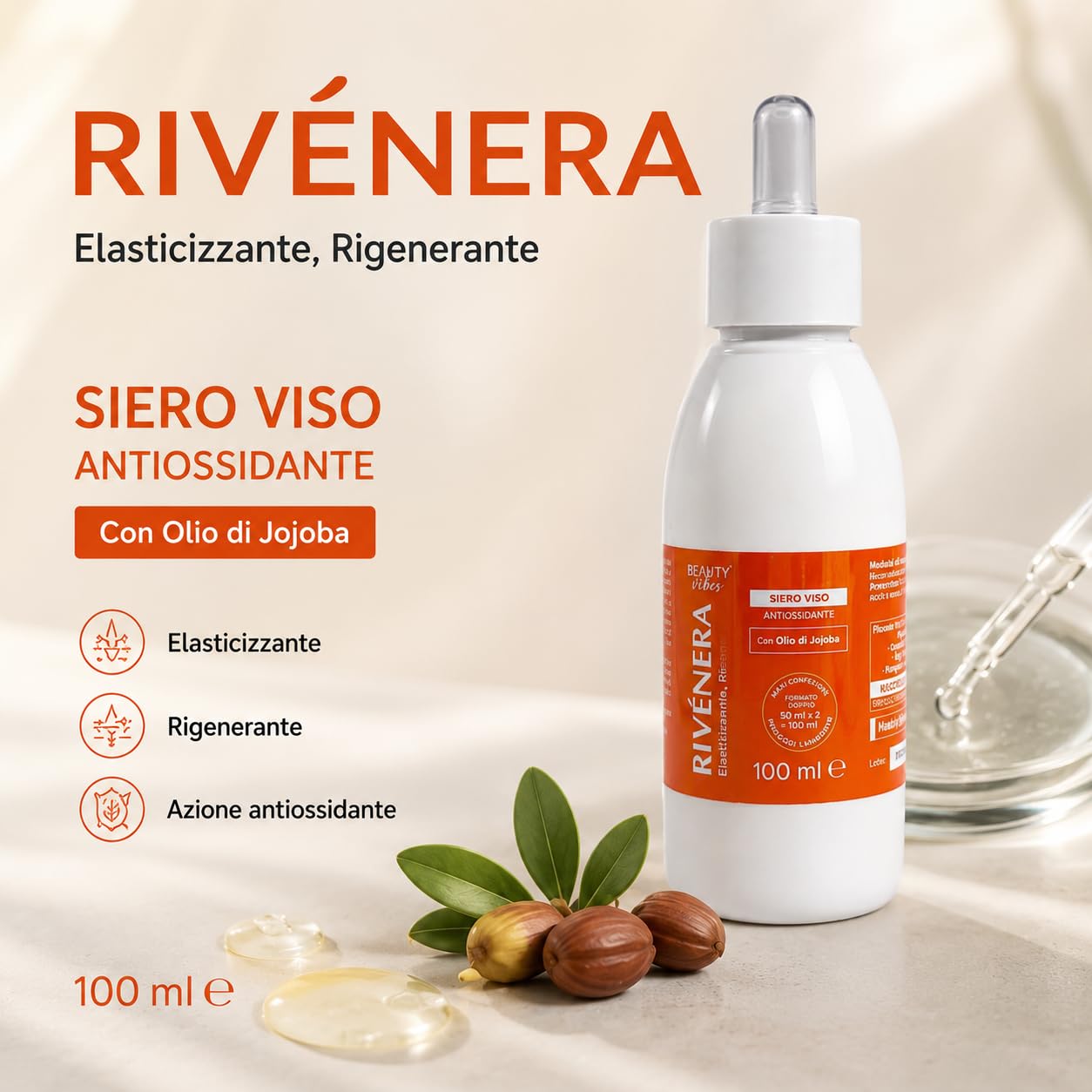 Rivenera serum do twarzy 150 ml – przeciwzmarszczkowy z kwasem hialuronowym i kolagenem – nawilżający, rozjaśniający, regenerujący do skóry dojrzałej (średnio)