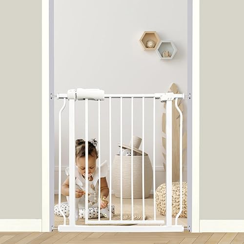 Puerta para bebés y mascotas de 29 a 34 pulgadas, metal blanco, montada a presión, puerta de seguridad para escaleras y puertas estrechas