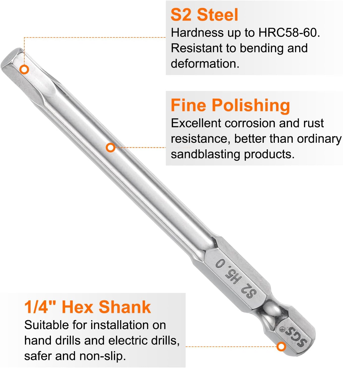 HARFINGTON Hex Head Wrench Drill Bit 5mm (H5) Metric 1/4" Hex Shank 75mm (3") Long Magnetic S2 Steel Screwdriver Bits Industrial Grade Hexagon Flat Tip Drill Bits for Screws