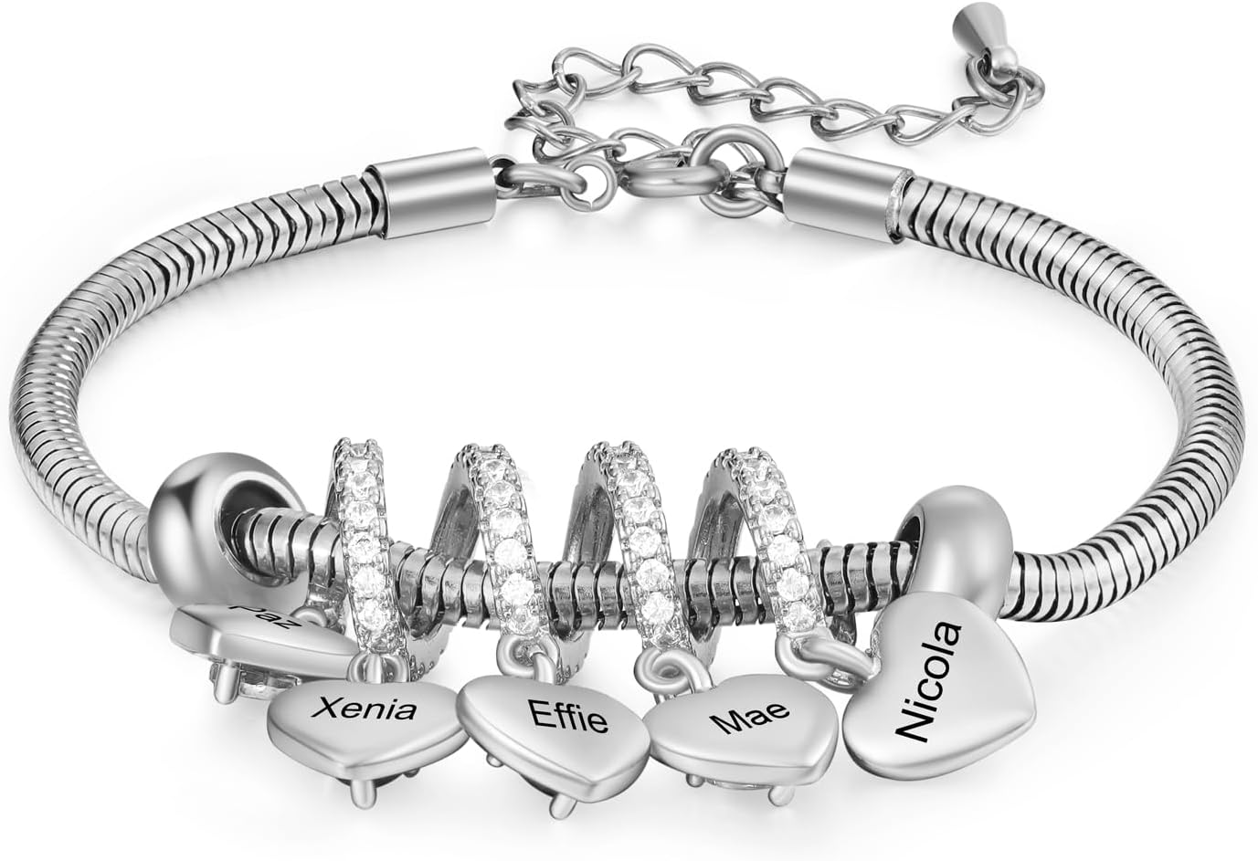 Jeweidea Personalized Birthstone Bracelet with Heart Charms – Custom Name Engraved Jewelry Gift for Mom, Grandma, Wife