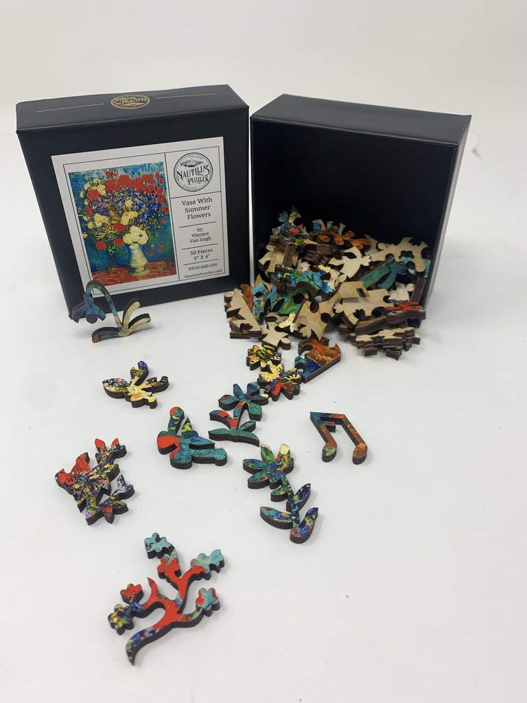 Mini Wooden Jigsaw Puzzle for Adults - Vase with Summer Flowers by Vincent Van Gogh, 50 Unique Wooden Pieces by Nautilus Puzzles - Image 5