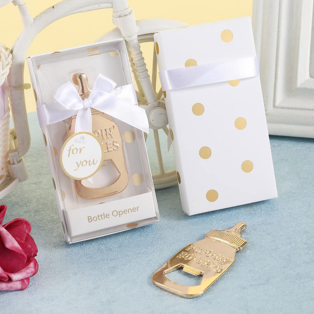 Juego de 18 abrebotellas para regalos de baby shower, decoraciones de baby shower, recuerdos de novia, abrebotellas Poppin con exquisita caja de regalo utilizada para fiestas de bebé (blanco