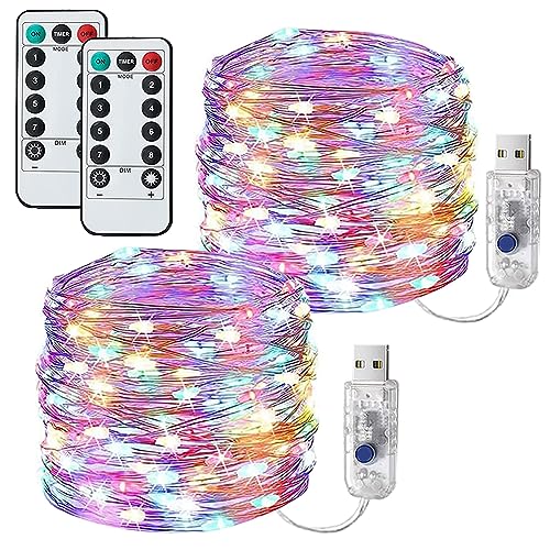 Fairy Lights for Bedroom, [2 Pack] 100 LED Lights W/ 8 Mode USB Powered, Twinkle Icicle Festoon String Lights W/Remote & Timer for Indoor Xmas Party Wall Wedding Home décor Products(Colourful)