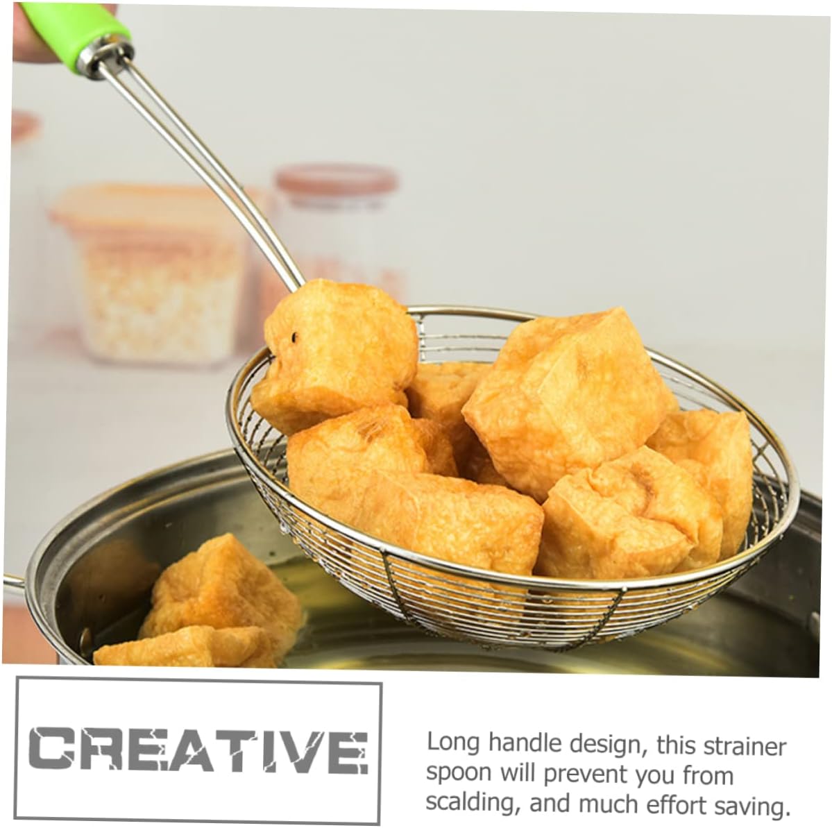 ABOOFAN Stainless Steel Slotted Spoon Long Handle Heavy-Duty Strainer Ladle for Hot Pot Noodles and Fried Foods Kitchen Cooking Tool for Home and Restaurant Use