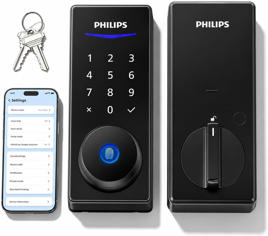 Cerradura inteligente Philips Wi-Fi, cerradura de puerta con teclado de entrada sin llave WiFi, cerrojo de puerta delantera, desbloqueo de huellas dactilares, desbloqueo de código PIN, bloqueo automático, control remoto de aplicación, WiFi incorporado