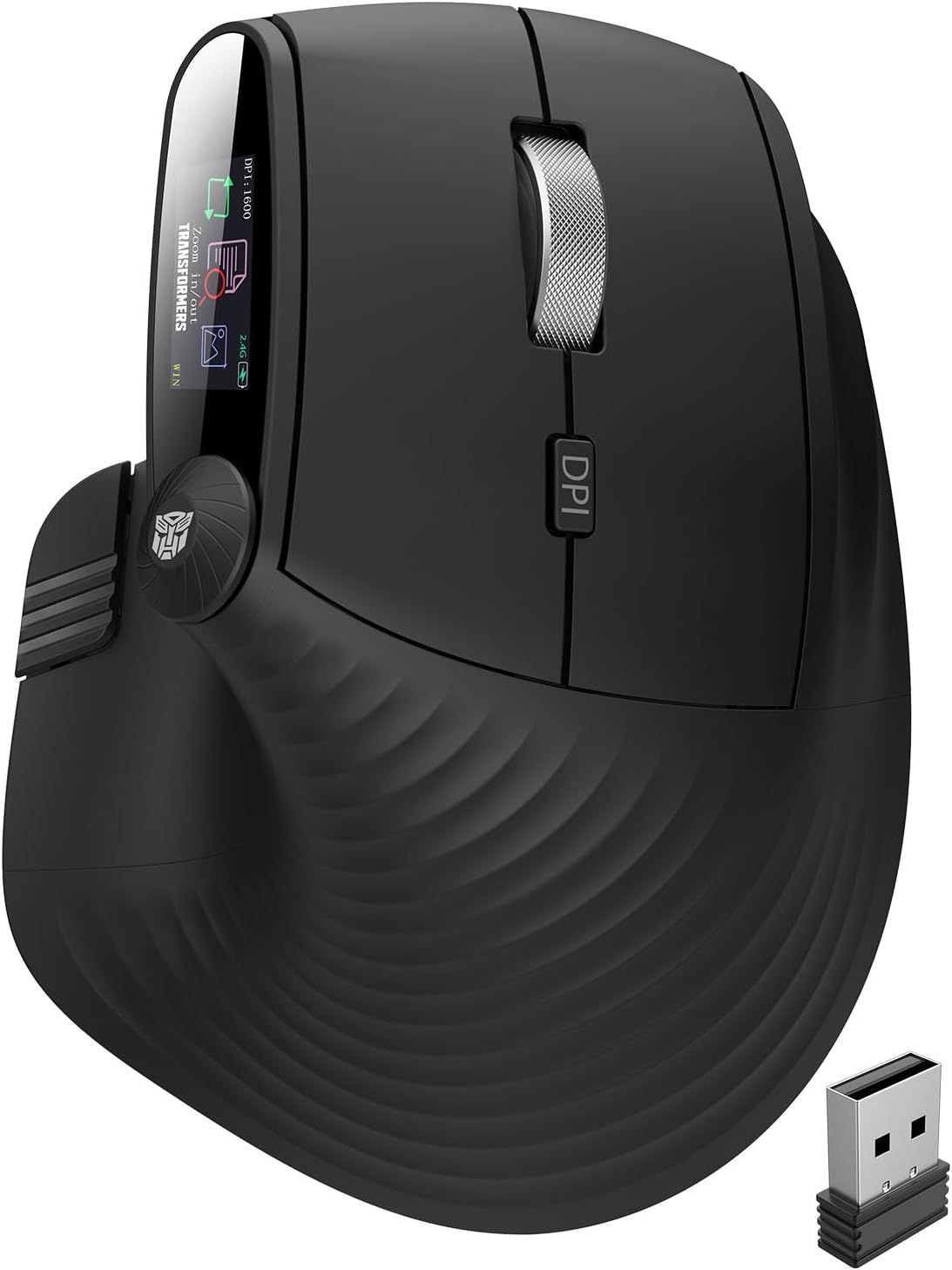 Transformers Vertical Ergonomic Mouse with LED Screen & Knob Control, 3-Device Connectivity (2.4G + Dual Bluetooth), Medium to Large Hands, Rechargeable Wireless Mouse for PC/Mac/Laptop, Black