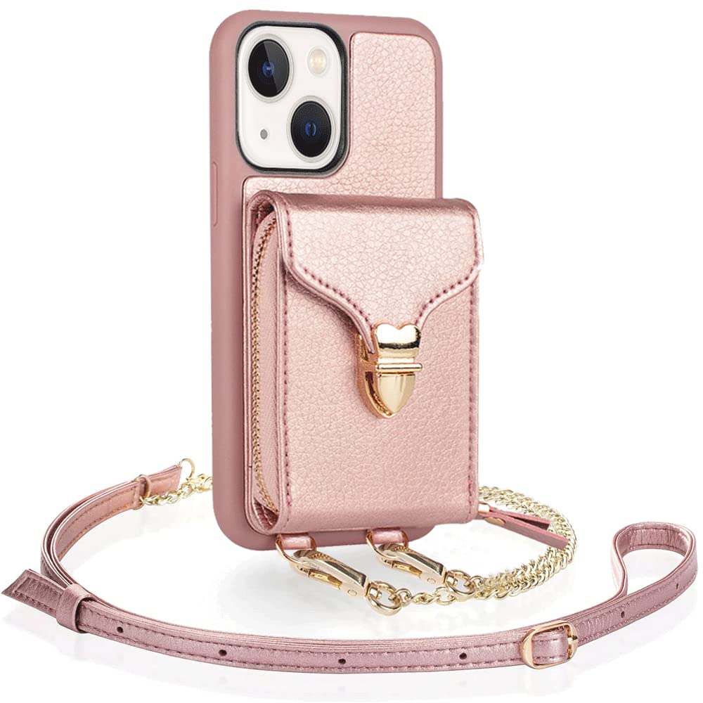 JLFCHfor iPhone 13 Wallet Case, iPhone 13 Crossbody Case with RFID Zipper Card Holder Wrist Strap Lanyard Purse Protective for iPhone 13 (2021), 6.1 inch - Rose Gold